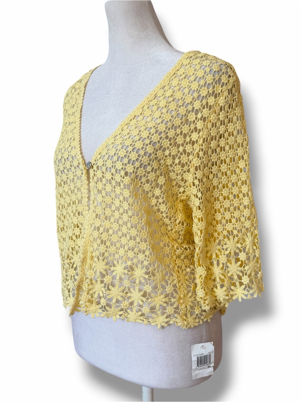 Rabbit Rabbit Rabbit Designs Yellow Floral Lace Single Button Crocheted Cardigan - Picture 6 of 16